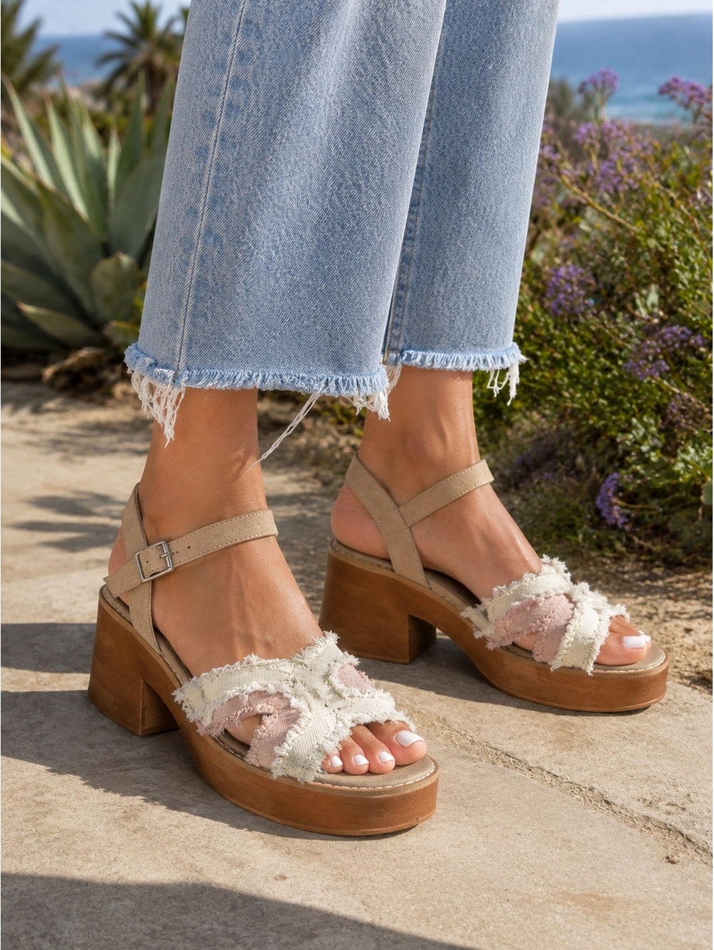 Boho Platform Sandals Frayed Canvas Ankle Strap Block Heel 8.5